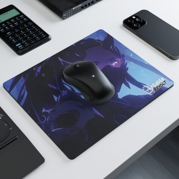 Anime mouse pad with a warrior-like character, glowing eyes, and a mask, placed on a workspace with a laptop and other accessories.