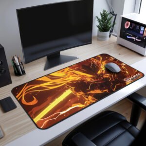 Eiko Lightning Katana Desk Mat - Large anime gaming desk mat on a modern workspace with a fiery warrior illustration
