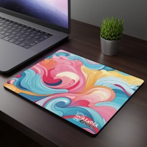 Blossom Wave Mouse Pad - A dark wooden desk setup featuring a laptop and a vibrant mouse pad with a swirling abstract design in shades of pink, blue, yellow, and orange.