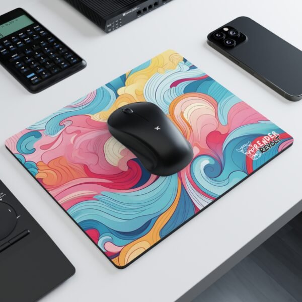 A modern workspace with a black wireless mouse resting on a colorful mouse pad, showcasing a dynamic wave-like pattern of flowing pastel and bold hues.