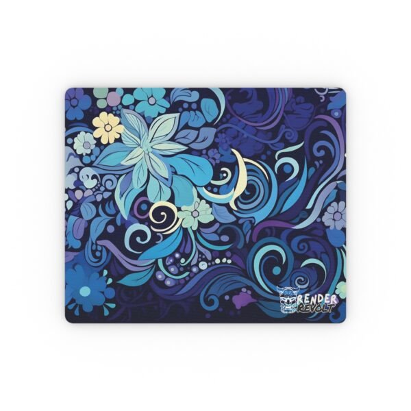 A close-up of a decorative mouse pad showcasing a vibrant, symmetrical floral design with flowing blue and purple swirls, delicate flowers, and crescent moon accents, with the "Render Revolt" logo in the corner.