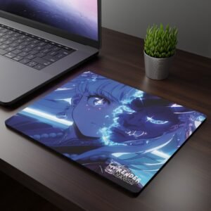 Gemma Blue Oni Mouse Pad - featuring an anime-style illustration of a female character with half of her face transforming into a demonic visage. The left side of her face is calm with large, glowing eyes, while the right side is cracked and reveals a menacing, sharp-toothed demon with glowing blue highlights.