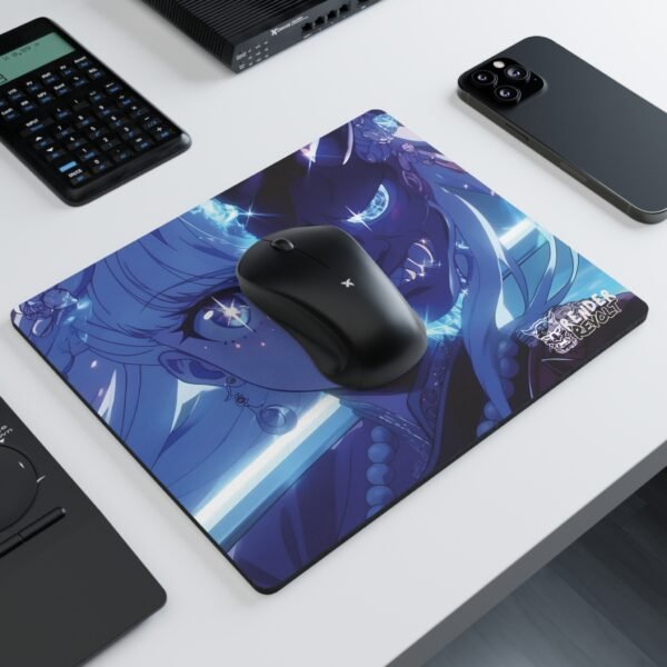 A close-up of a custom-designed mouse pad with a striking anime-style illustration. The artwork depicts a female character whose face is split—one side retaining a human appearance, while the other morphs into a sinister, demonic form with jagged teeth and glowing eyes.