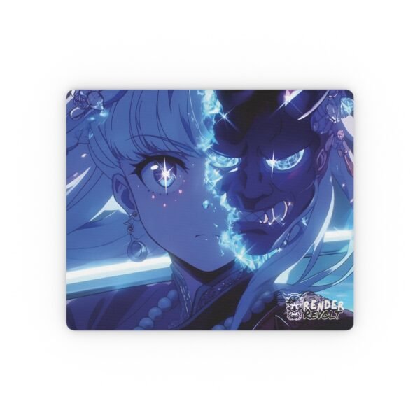 A stylized mouse pad with a bold anime design, placed on a desk alongside a laptop, mouse, and office accessories.