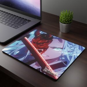 Gemma Red Demon Mouse Pad - A dark wooden desk setup featuring a laptop and an anime-themed mouse pad, showcasing a fierce warrior with silver hair, a red oni mask covering part of their face, glowing icy blue eyes, and a fiery red sword.