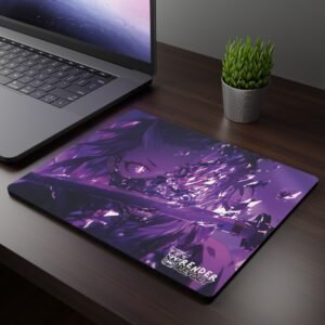 Hikari Amethyst Oni Mouse Pad - A rectangular mouse pad featuring an anime-style illustration of a masked warrior with intense, glowing eyes. The character holds a katana, with shards of crystal or glass bursting from one side of their face.