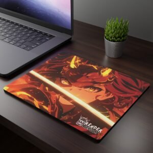 Kaida Unsheathed Mouse Pad image of an anime character unsheathed her sword on a black desk next a laptop with a plant on the table