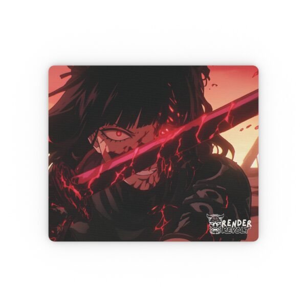 an demonic anime mouse pad displayed on a white background while she holding a sword about to strike