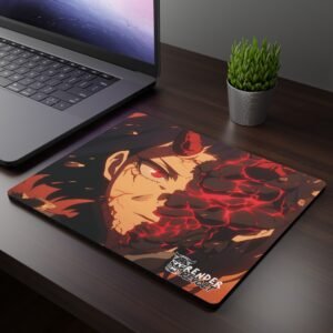 Kira Oni Mouse Pad - A sleek anime-themed mouse pad featuring a close-up of a character with dark hair, red eyes, and a cracked face with molten lava-like textures. The design includes sharp details, glowing red fissures, and a logo in the corner that reads "Render Revolt."