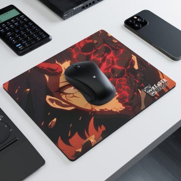 A rectangular mouse pad with an intense anime illustration of a character with half of their face covered in blackened, lava-like cracks glowing red. The character has sharp red eyes and two small horns on their forehead.