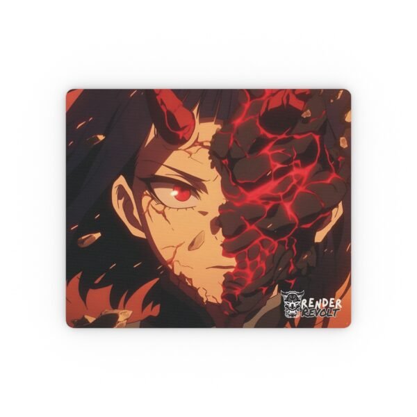 A close-up product shot of a vibrant anime-inspired mouse pad displaying a fierce character with a partially molten face, glowing red cracks, and a determined expression.