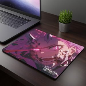 Lilia Demonic Mouse Pad - A stylish anime-themed mouse pad featuring a fierce character with pink hair, glowing pink eyes, and a partially skeletal face. The character's expression is intense, with sharp teeth bared and red energy beams shooting from their mouth.