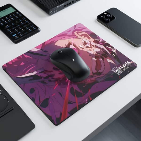 A bold anime-inspired mouse pad with an intense character design. The character has wild pink hair, glowing pink eyes, and a partially exposed skull, with red laser-like energy shooting from their mouth. The design is vibrant, with dark purple and magenta tones.