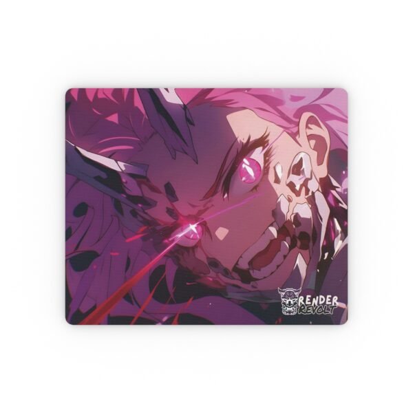 A close-up of a rectangular mouse pad showcasing an anime character with pink hair and a cracked, skeletal face. Their glowing pink eyes and red energy beams create a dramatic effect against the dark, purple-toned background. The "Render Revolt" logo
