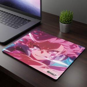 Lilia Enraged Mouse Pad - A dynamic anime-themed mouse pad featuring a fierce character with pink hair, glowing violet eyes, and crystal-like shards embedded in their face. The character has an intense expression, with clenched teeth and a determined gaze.