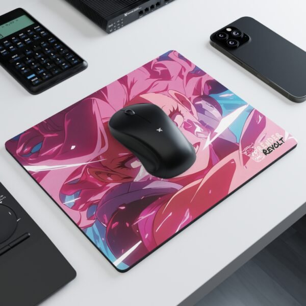 A bold and colorful mouse pad showcasing an anime character with windswept pink hair, piercing eyes, and crystalline details on their face and armor. Their aggressive stance and sharp expression convey action and intensity.