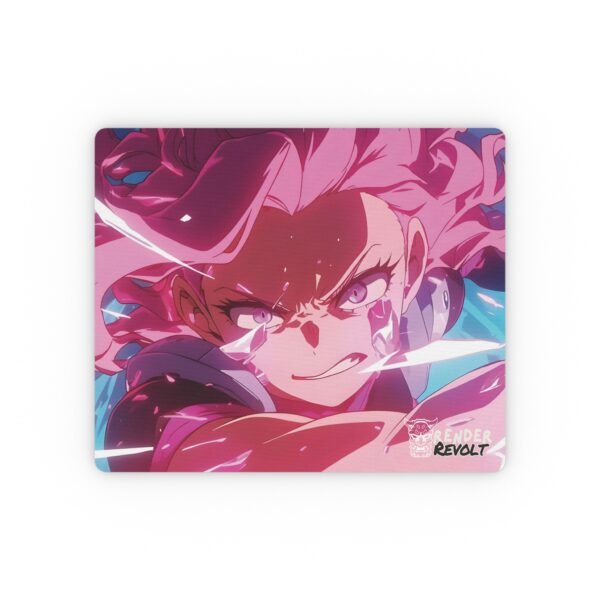 A close-up product shot of a rectangular anime-inspired mouse pad featuring a powerful character with vibrant pink hair, a fierce expression, and glowing crystal-like accents on their face and shoulders. Their narrowed eyes and gritted teeth exude determination.