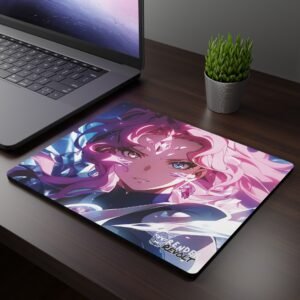 Lilia Quartz Mouse Pad - A sleek anime-themed mouse pad featuring a striking character with flowing pink and blue hair, heterochromatic eyes—one pink and one blue—and crystalline markings on their forehead and cheeks. They wear futuristic, armored attire with glowing accents.