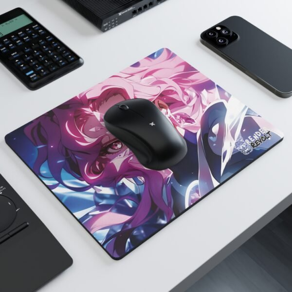 A rectangular mouse pad with a vibrant anime illustration of a character with dazzling pink and blue hair, piercing eyes of different colors, and crystal-like facial markings. Their futuristic, armored outfit shines with reflective elements.