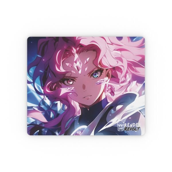 A close-up of a high-quality mouse pad featuring a beautifully detailed anime character with wavy pink and blue hair, gem-like facial markings, and striking heterochromatic eyes.