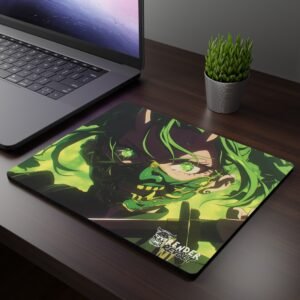 Meiko Demon Mouse Pad - A mouse pad featuring an intense anime-style character with glowing green eyes, a demonic mask, and green hair, placed on a dark wooden desk beside a laptop and a small potted plant.