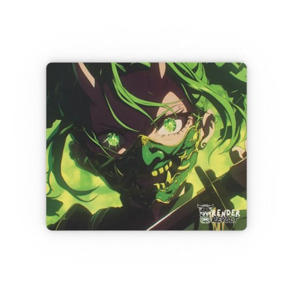 A close-up of the mouse pad showcasing a fierce anime-style character with green hair, a sinister mask, glowing green eyes, and a sword, with the "Render Revolt" logo in the corner.