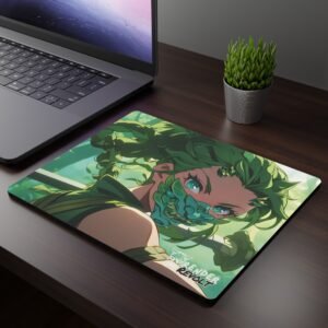 Meiko Emerald Mouse Pad - A mouse pad with an anime-style warrior featuring green hair and a dragon-themed mask, placed on a dark wooden desk beside a laptop and a small potted plant.