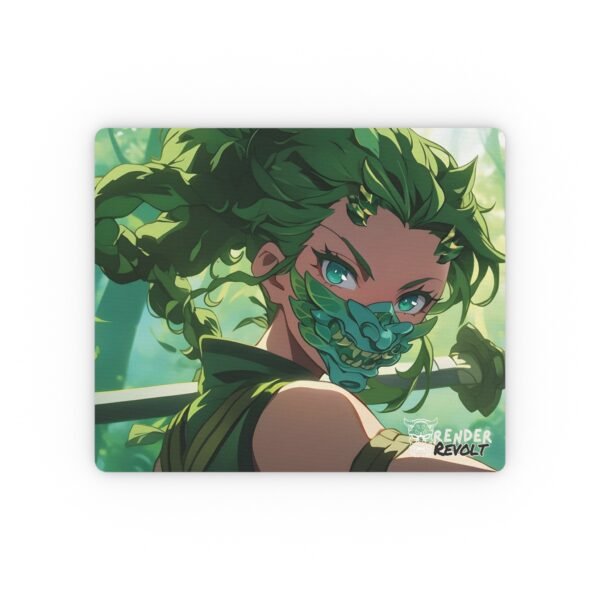 A close-up of the mouse pad showcasing an anime-style warrior with green hair, a dragon-inspired mask, and a sword, with the "Render Revolt" logo in the corner.