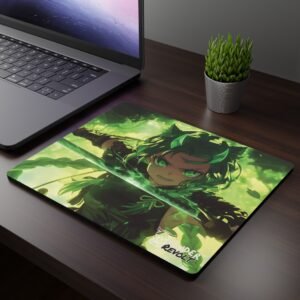 Meiko Enraged Mouse Pad - A mouse pad featuring an anime-style warrior with glowing green eyes, cat-like ears, and a magical green sword, placed on a white desk with a black wireless mouse, a calculator, and a smartphone.