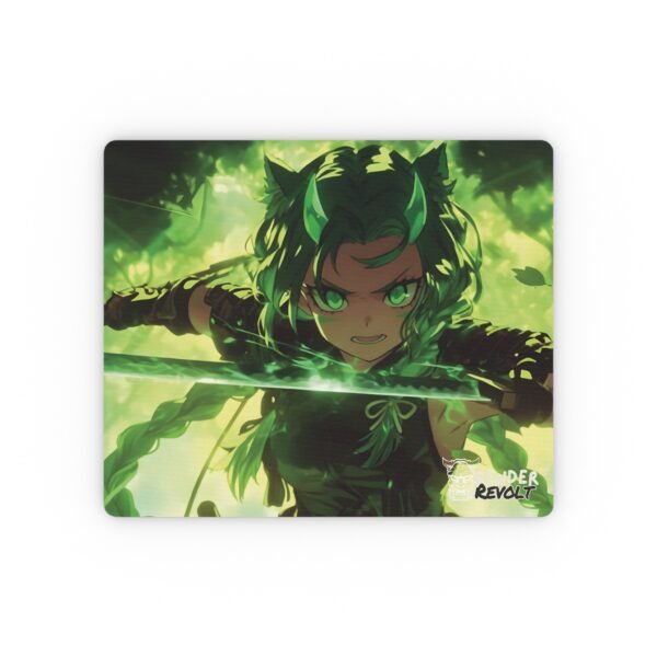 A close-up of the mouse pad showcasing a fierce anime-style warrior with green hair, sharp cat-like ears, and an enchanted green sword, with the "Render Revolt" logo in the corner.