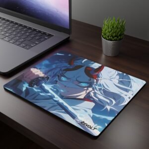 Mizo Demon Mouse Pad - A mouse pad featuring an anime-style warrior with glowing blue eyes, a fierce expression, and a red-horned demon mask, gripping a katana, placed on a dark wooden desk beside a laptop and a potted plant.