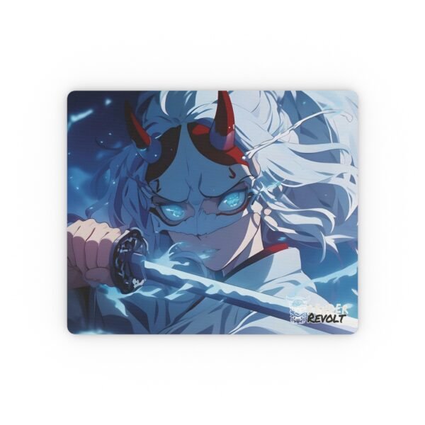 A close-up of the mouse pad showcasing a determined anime-style warrior with wild white hair, piercing blue eyes, a demonic mask, and an enchanted katana, with the "Render Revolt" logo in the corner.