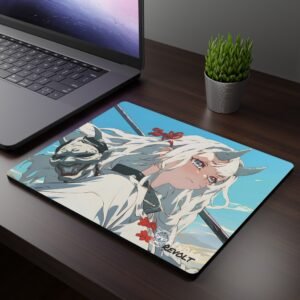 Mizo Dolomite Mouse Pad - A mouse pad featuring an anime-style warrior with long white hair, small horns, and a determined expression, wearing a flowing white outfit with red accents, set on a white desk with a black wireless mouse, a calculator, and a smartphone.