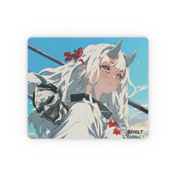 A close-up of the mouse pad showcasing a fierce anime-style character with flowing white hair, two horns, a traditional mask resting on their shoulder, and a katana, with the "Render Revolt" logo in the corner.