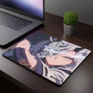 Mizo Enraged Mouse Pad - A mouse pad featuring an anime-style warrior with white hair, an intense gaze, and a cracked demonic mask with glowing blue eyes, placed on a dark wooden desk beside a laptop and a potted plant.