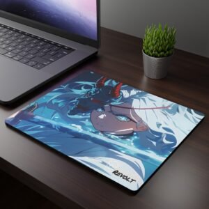 Mizo Katana Mouse Pad - A mouse pad featuring an anime-style warrior with flowing white hair, piercing blue eyes, and a red-horned demon mask, gripping a glowing katana, placed on a dark wooden desk beside a laptop and a potted plant.