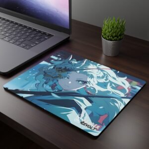 Mizo Oni Mouse Pad - A mouse pad featuring an anime-style warrior with flowing white hair, piercing blue eyes, and a fierce expression, wearing a half-demon mask, placed on a dark wooden desk beside a laptop and a potted plant.