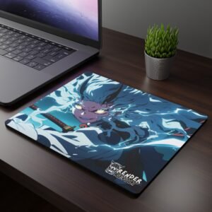Nami Demon Mouse Pad - A mouse pad featuring an anime-style warrior with glowing yellow eyes, wild white hair crackling with electricity, and sharp horns, gripping a katana, placed on a dark wooden desk beside a laptop and a potted plant.