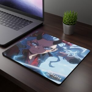 Nami Red Oni Mouse Pad - A mouse pad featuring an anime-style warrior with blue hair, sharp black horns, and an intense gaze, gripping a sword crackling with electricity, placed on a dark wooden desk beside a laptop and a potted plant.