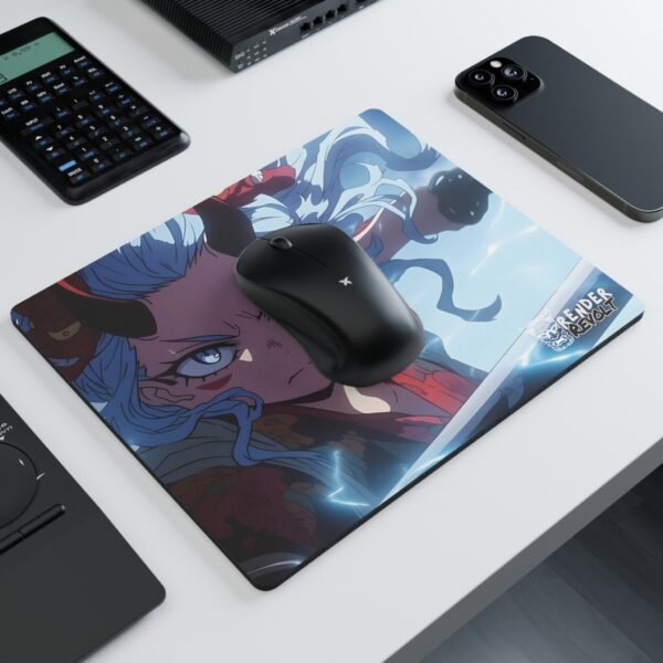 A mouse pad with an illustrated character wielding an electrified sword, wearing red and black battle armor, set on a white desk with a black wireless mouse, a calculator, and a smartphone.