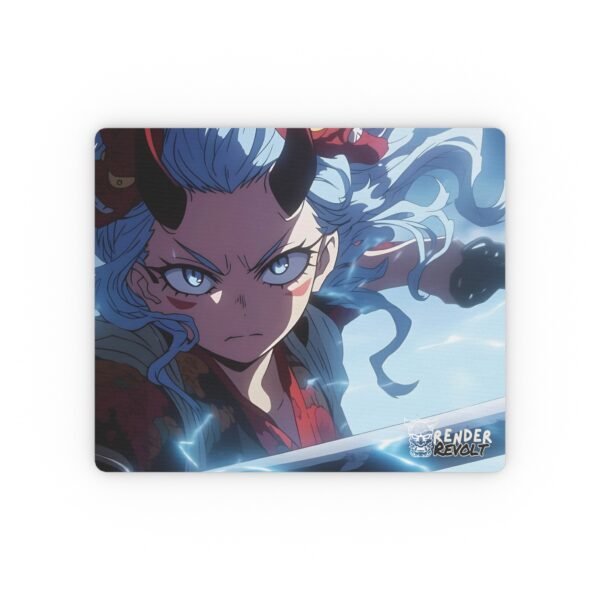A close-up of the mouse pad showcasing a fierce anime-style warrior with glowing blue eyes, curved black horns, and flowing hair, mid-battle, with the "Render Revolt" logo in the corner.