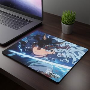 Nami Storm Mouse Pad - A mouse pad featuring an anime-style warrior with blue hair, sharp black horns, and an intense gaze, gripping a sword crackling with electricity, placed on a dark wooden desk beside a laptop and a potted plant.