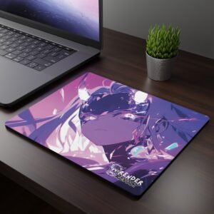 Naomi Demon Mouse Pad - A mouse pad featuring an anime-style character with glowing white horns, a reflective black mask, and an ethereal pink and purple glow, placed on a dark wooden desk beside a laptop and a potted plant.