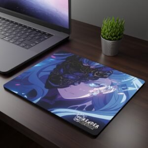 Naomi Diamond Mouse Pad - A mouse pad featuring an anime-style character with flowing blue hair, piercing blue eyes, and an ornate black mask covering half their face, placed on a dark wooden desk beside a laptop and a potted plant.