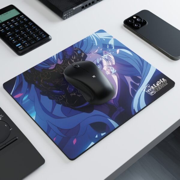 A close-up of the mouse pad showcasing a mysterious anime-style warrior with an intricate gold-etched black mask, glowing blue eyes, and a calm yet intense expression, with the "Render Revolt" logo in the corner.