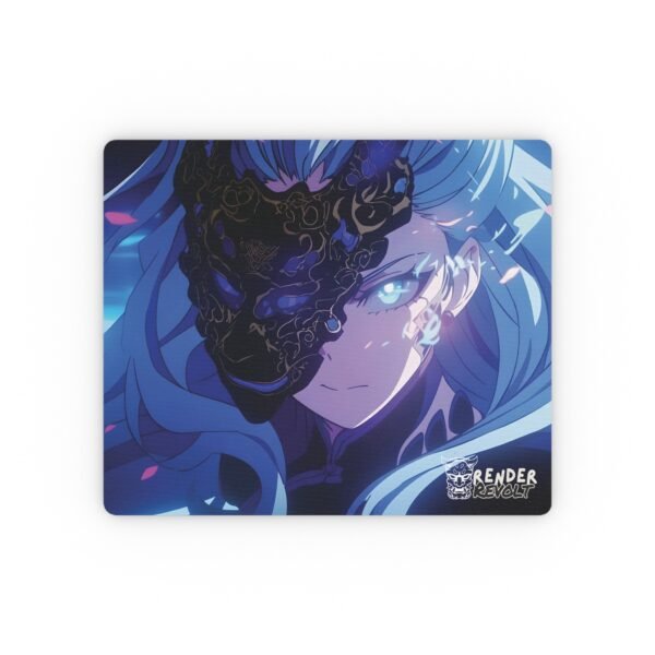 ] A mouse pad with an illustrated character wearing a detailed black mask with golden engravings, set on a white desk with a black wireless mouse, a calculator, and a smartphone.