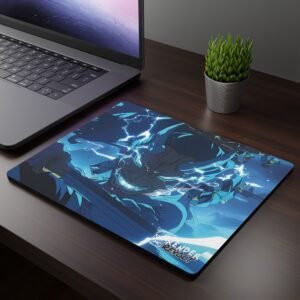 Rika Demon Mouse Pad - A mouse pad featuring a menacing, blue-hued oni warrior with glowing yellow eyes, sharp teeth, and electric energy crackling around them, placed on a dark wooden desk beside a laptop and a potted plant.
