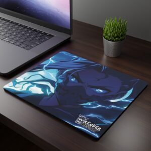 Rika Enraged Mouse Pad - A mouse pad featuring an anime-style character with glowing blue eyes, a dark mask, and electricity surging around them, placed on a dark wooden desk beside a laptop and a potted plant.