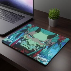 A dark wooden desk setup featuring a laptop and an anime-themed mouse pad, which showcases a fierce character with teal hair, black horns, and Saya Demon Mouse Pad - a menacing demon mask, accented with red floral details.