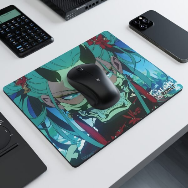 A close-up of an anime-inspired mouse pad, displaying an intense character with teal hair, black horns, and a fearsome demon mask, with red flower accents and the "Render Revolt" logo in the corner.